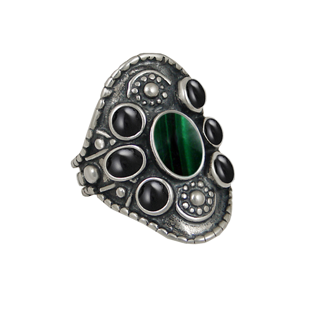 Sterling Silver High Queen's Ring With Malachite And Black Onyx Size 7